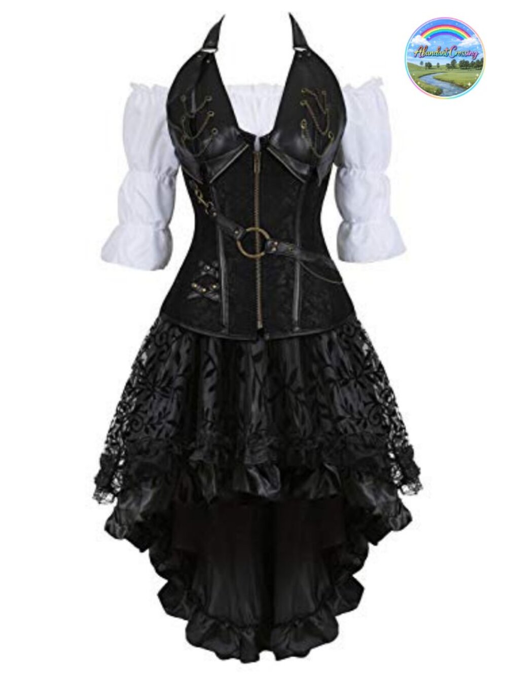 Steampunk Leather Corset Bustier Skirt Blouse 3 Piece Boned Outfit